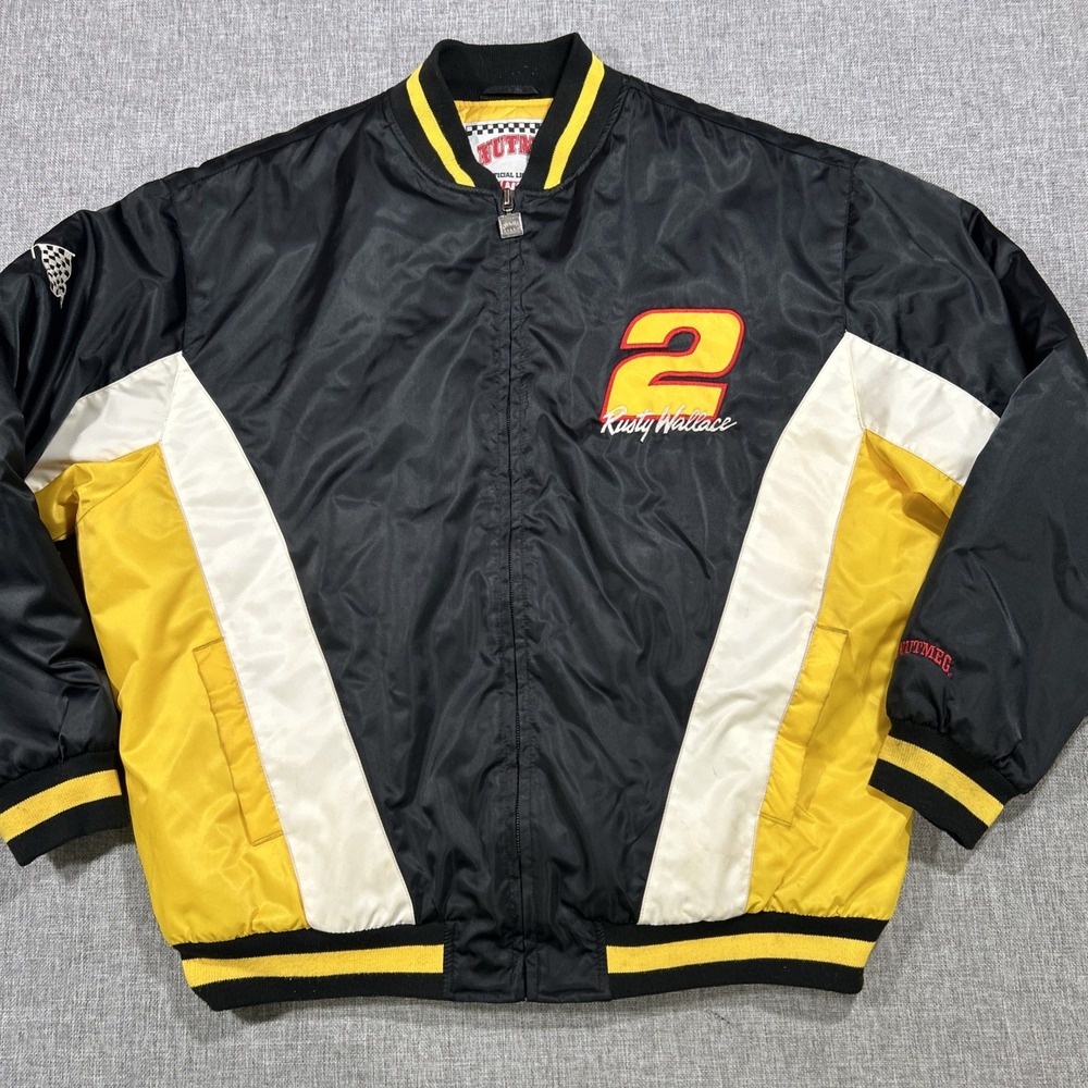 Vintage Rusty Wallace Jacket Sz XL NASCAR Racing Bomber Puffer Zip Nutmeg 90s